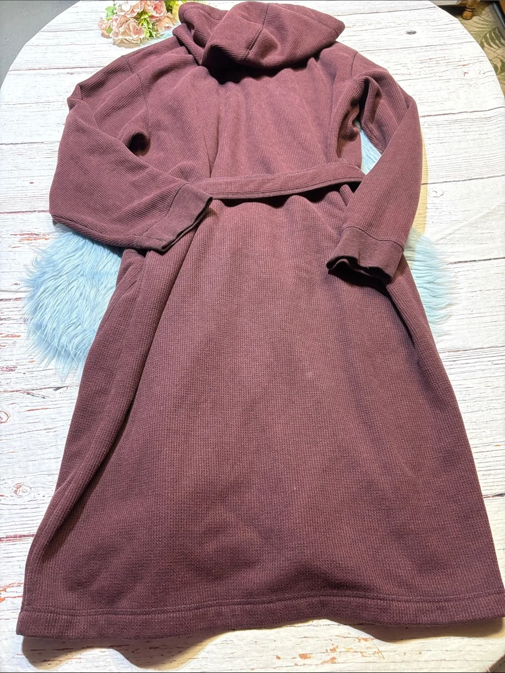 L.L. Bean Waffle Knit Maroon Hooded Robe sz M